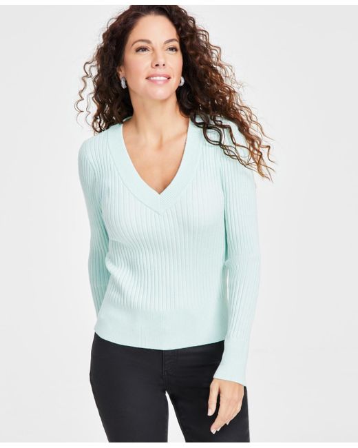 INC International Concepts White Ribbed V-neck Sweater