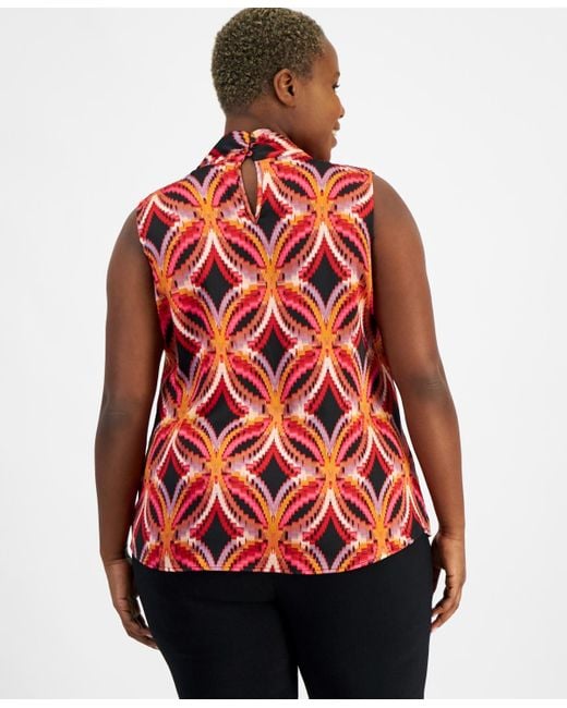Tahari Plus Size Printed Bow neck Sleeveless Blouse in Red Lyst
