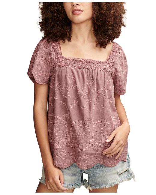 Lucky Brand Pink Embroidered Flutter-sleeve Top