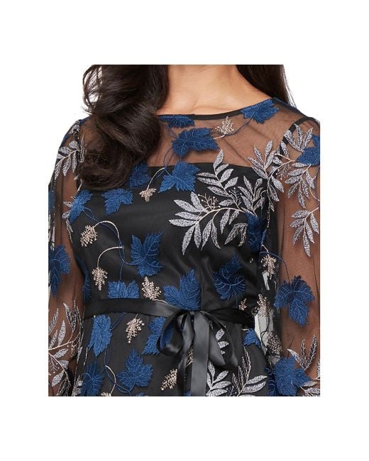 Alex Evenings Blue 3/4-sleeve Embroidered Blouse
