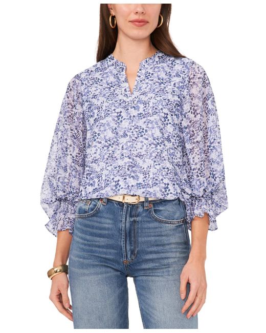 Vince Camuto Blue Printed Split Neck Balloon Sleeve Top