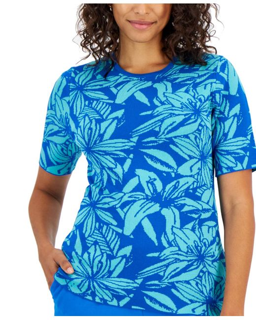 Tahari Crewneck Shortsleeve Sweater Tshirt in Blue Lyst