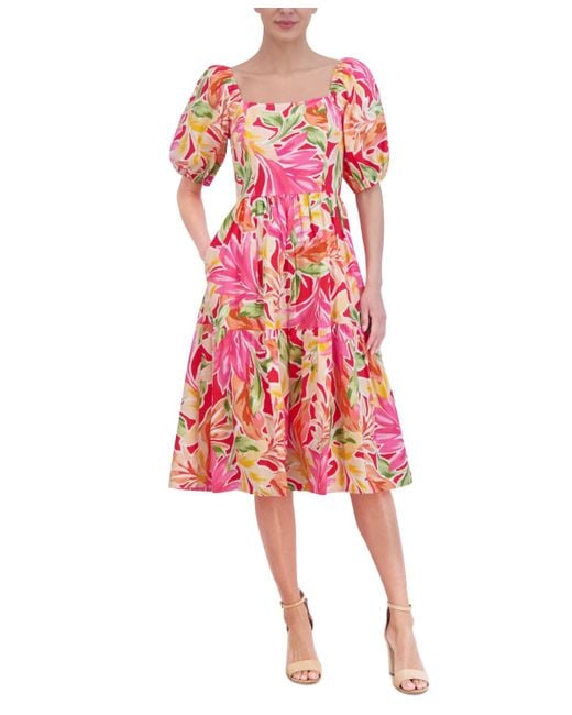 Vince Camuto Red Floral-print Puff-sleeve Midi Dress