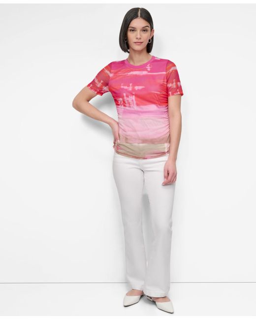 DKNY Pink Printed Mesh Crewneck Ruched Top