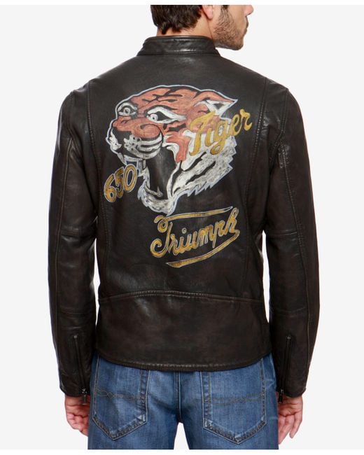Lucky Brand Black Men's Triumph Tiger Bonneville Graphic-print Leather Moto Jacket for men