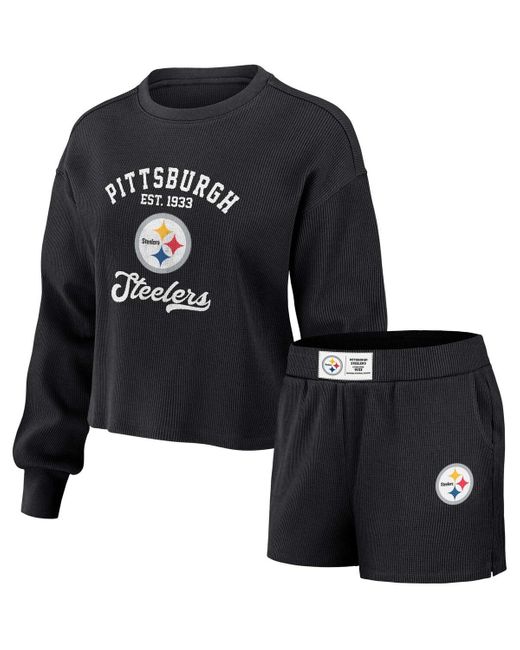 WEAR by Erin Andrews Black Distressed Pittsburgh Steelers Waffle Knit Long Sleeve T-shirt And Shorts Lounge Set
