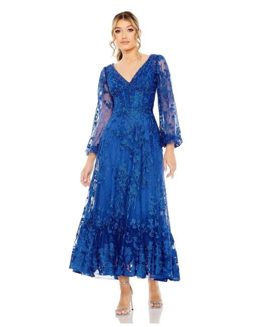 Mac Duggal Blue V Neck Mesh Puff Sleeve A Line Embellished Dress