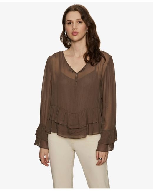 Sanctuary Brown Ruffled Long-sleeve Blouse