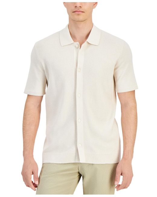 Alfani White Short Sleeve Textured Knit Button-down Polo Shirt for men