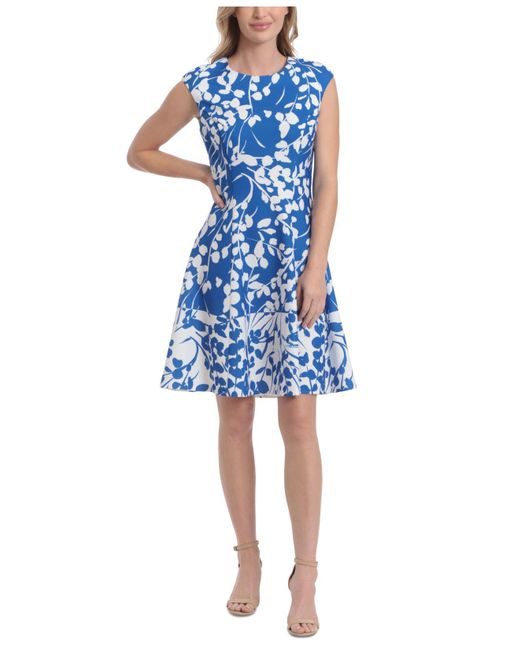 London Times Petite Printed Fit & Flare Dress in Blue | Lyst