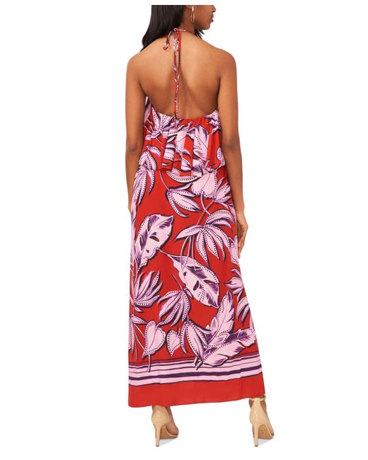 1.STATE Red Tropical Print Ruffled Halter Neck Maxi Dress
