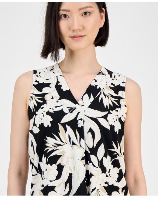 Anne Klein White Printed Sleeveless V-neck Shell Top