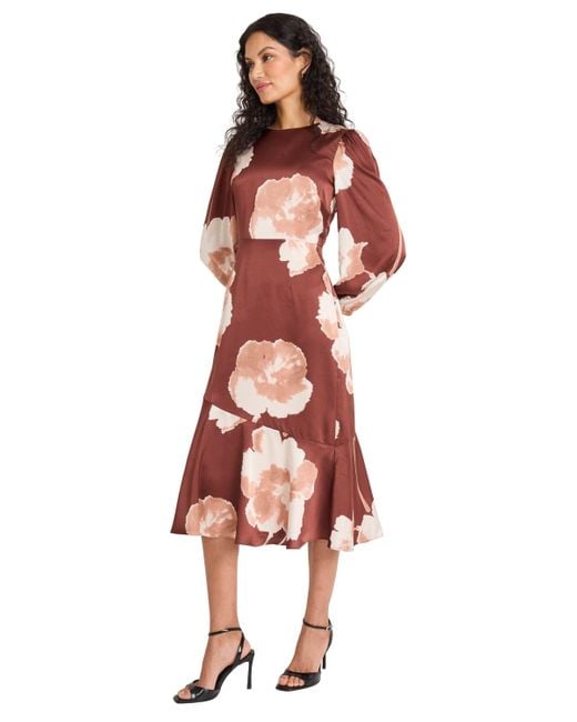 Maggy London Red Long Sleeve Flower Midi Dress