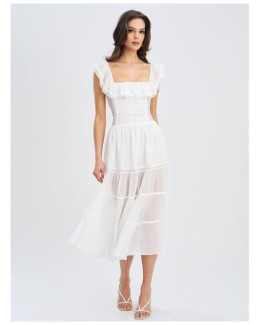 Miss Circle White Eden Square Neck Ruffle Trim High Waist Midi Dress