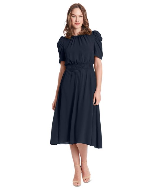 London Times Blue Petite Ruched-sleeve Smocked-waist Dress