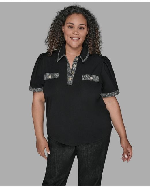 Karl Lagerfeld Black Karl Lagerfield Paris Plus Size Short Sleeves Tweed Trim Knit Top