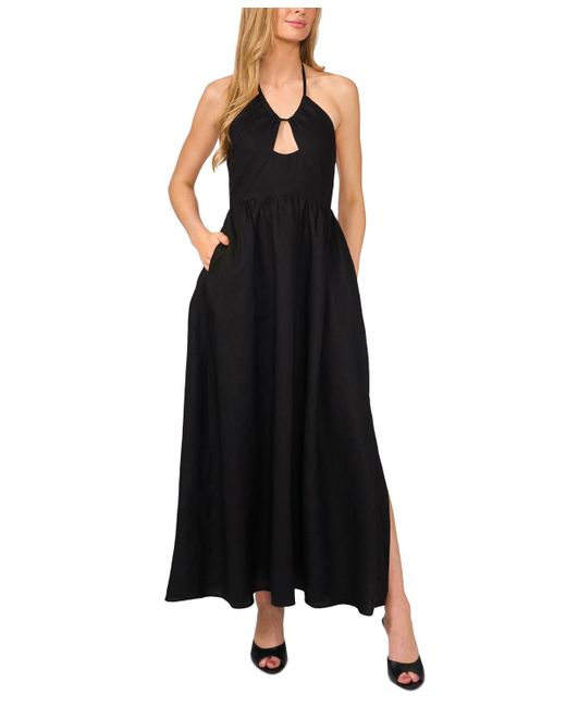 1.STATE Black Keyhole Halter Open-back Maxi Dress