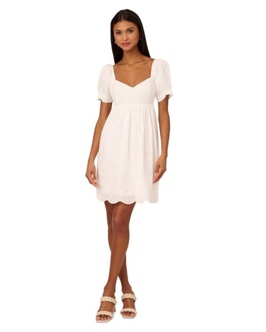 Adrianna Papell White Cotton Eyelet Puff-sleeve Fit & Flare Dress