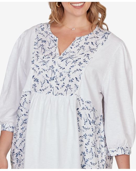 Ruby Rd White Plus Size Mixed Fabric Sharkbite Knit Top