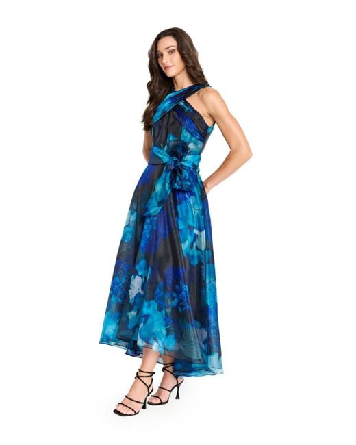 Tahari Blue Printed Organza Cross Neck Midi Dress