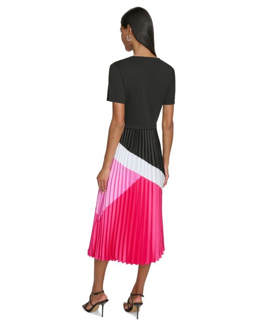 Karl Lagerfeld Pink Short-sleeve Pleated Midi Dress