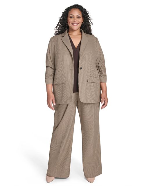 Calvin Klein Brown Plus Size Check-print One-button 3/4-sleeve Jacket