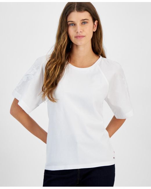 Tommy Hilfiger White Crewneck Embroidered-sleeve Top