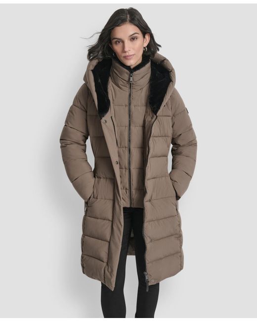DKNY Brown Belted Asymmetrical Zip Front Puffer Coat