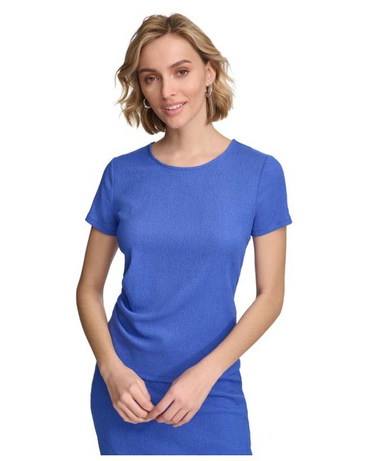 Calvin Klein Blue Textured Ruched-side Short-sleeve Top