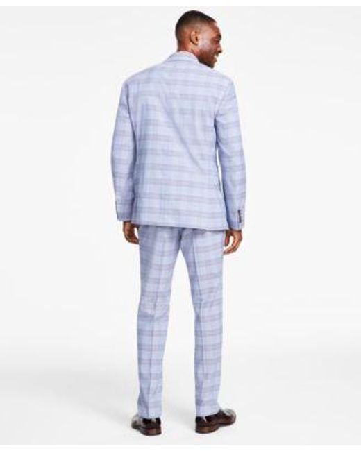Tayion Collection Blue Classic Fit Plaid Vested Suit Separates for men