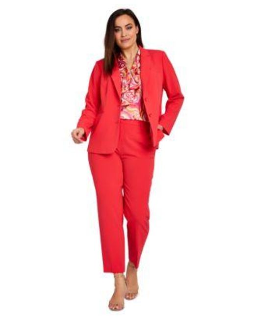 Tahari Red Plus Size Two Button Jacket Swirl Print Bow Blouse Pants