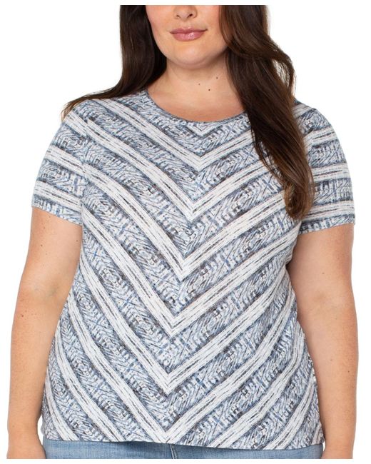 Liverpool Los Angeles Gray Liverpool Plus Size Ikat-print Mitered Knit Short-sleeve Top