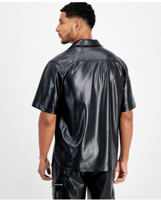 INC International Concepts Black Jax Regular-fit Button-down Faux-leather Camp Shirt for men