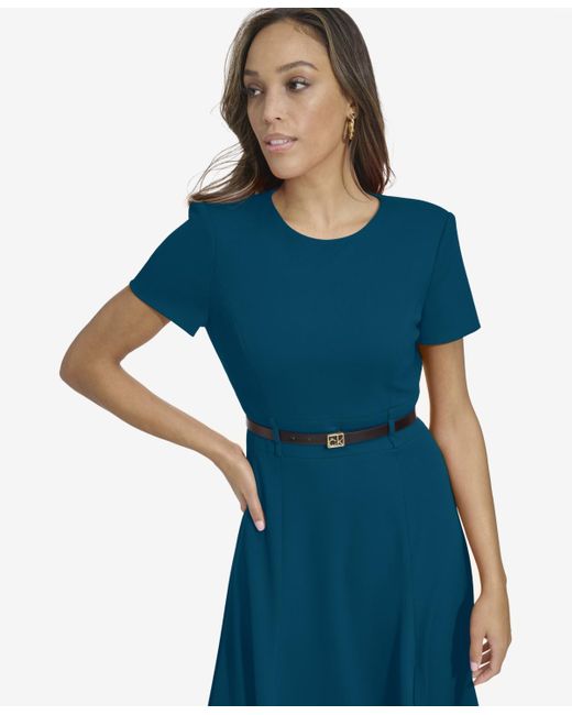 Calvin Klein Blue Short-sleeve Belted Fit & Flare Dress