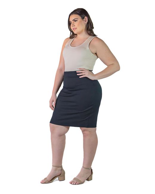 24seven Comfort Apparel Blue Plus Size Solid Color Elastic Waist Knee Length Pencil Skirt
