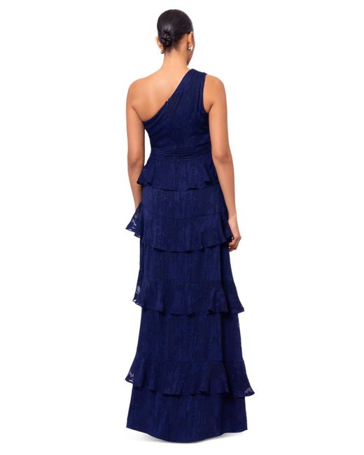 Xscape Blue Tiered One-shoulder Gown