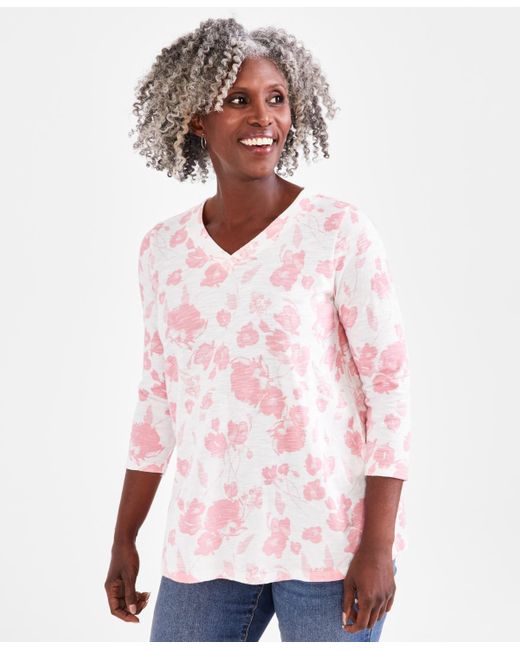 Style & Co. Pink Petite Tonal Floral 3/4-sleeve V-neck Tunic