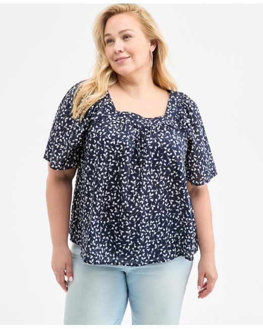 Style & Co. Blue Plus Size Printed Square-neck Top