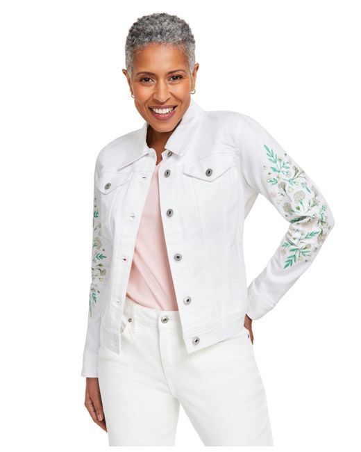 Style & Co. White Embroidered Classic Denim Jacket