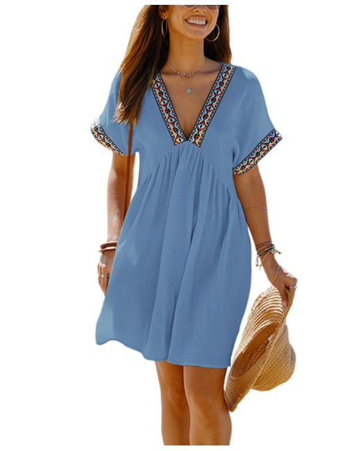 CUPSHE Blue Boho Short Sleeve V-neck Mini Beach Dress