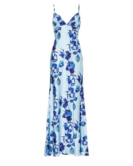 Mac Duggal Blue Floral Print Cami Slip Gown
