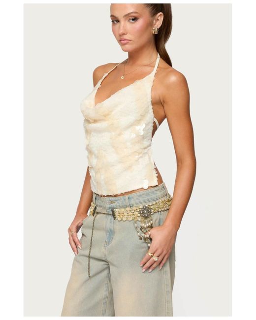 Edikted Natural Reid Backless Sequin Cowl Neck Top