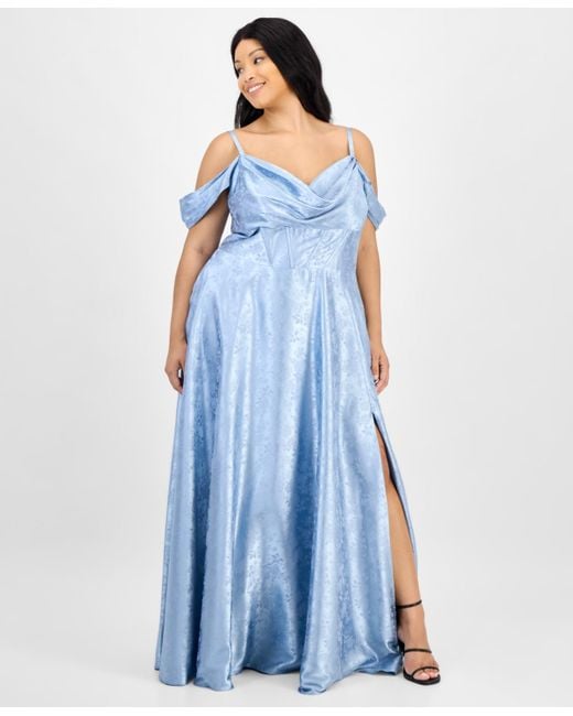 B Darlin Blue Trendy Plus Size Off-the-shoulder Satin Jacquard Gown