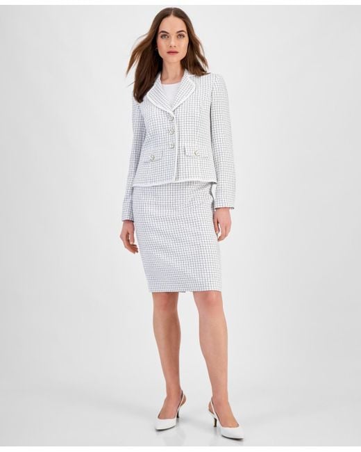 Le Suit White Check Print Contrast Trim Skirt Suit