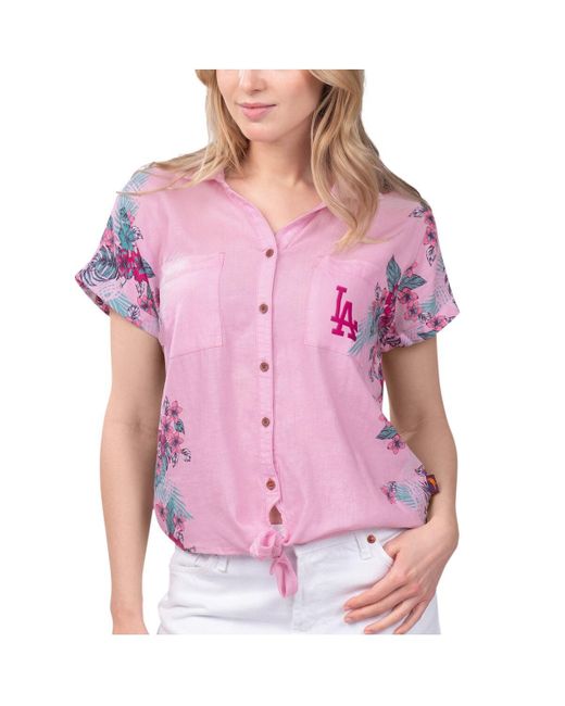 Margaritaville Pink Atlanta Braves Stadium Tie-front Button-up Shirt