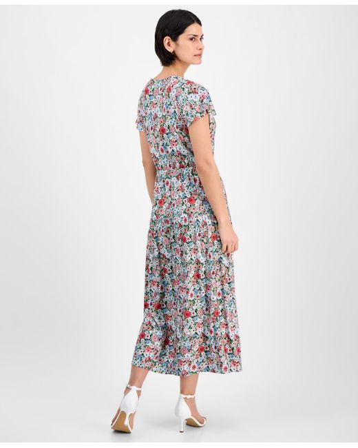 Nautica White Floral-print Flutter-sleeve Maxi Dress