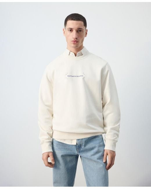 Mango White Cotton Printed Sweatshirt for men