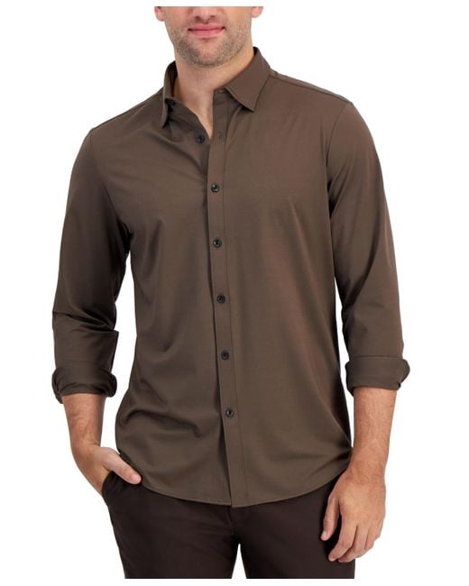 Alfani Brown Alfatech Yarn-dyed Long Sleeve Performance Shirt for men