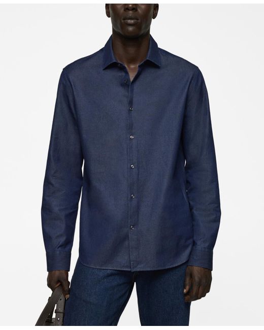 Mango Blue Regular-fit Cotton Chambray Shirt for men