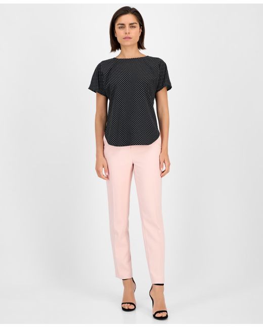 Anne Klein Black Printed Boat Neck Short-sleeve Top